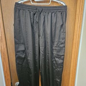 Women'a Black Satin Cargo Jogger Pants - Elastic Waist Drawstring
